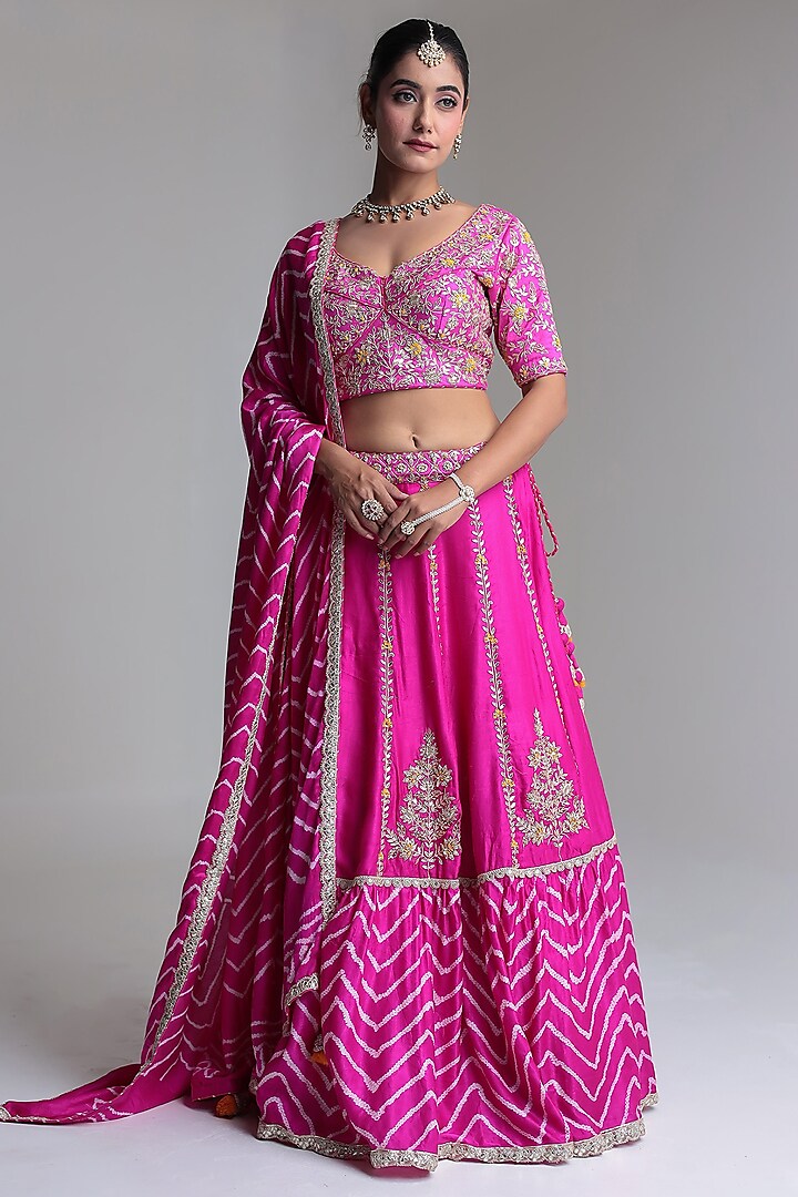 Dark Pink Satin Silk Embroidered & Printed Bridal Lehenga Set by Zari Jaipur at Pernia's Pop Up Shop