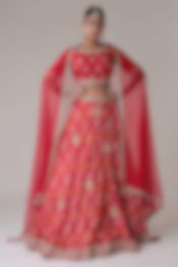 Red Satin Silk Printed & Zardosi Embroidered Wedding Lehenga Set by Zari Jaipur at Pernia's Pop Up Shop