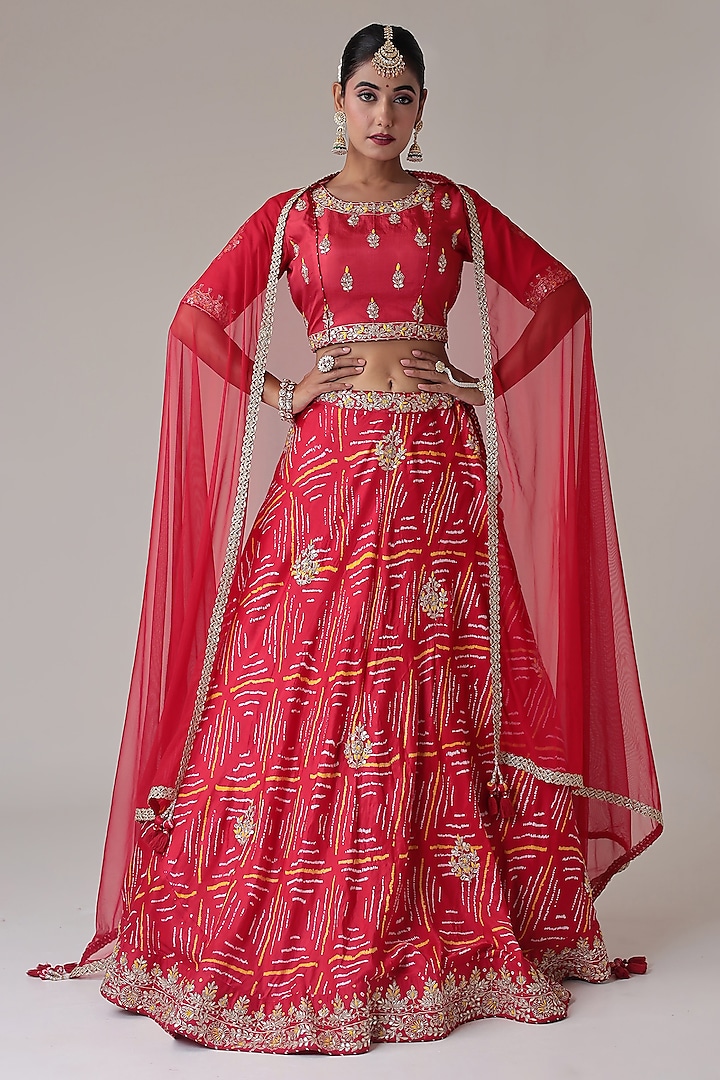 Red Satin Silk Printed & Zardosi Embroidered Wedding Lehenga Set by Zari Jaipur at Pernia's Pop Up Shop