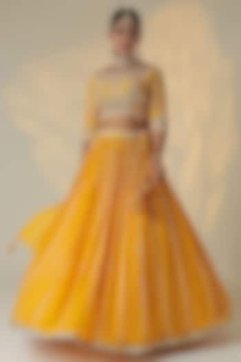 Yellow Georgette Pearl Embroidered Wedding Lehenga Set by Zari Jaipur at Pernia's Pop Up Shop