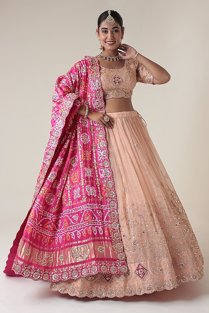 Peach Tissue Embroidered Bridal Lehenga Set by Zari Jaipur at Pernia's Pop Up Shop