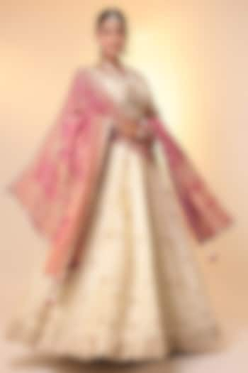 Cream Tissue Pearl Embroidered Wedding Lehenga Set by Zari Jaipur at Pernia's Pop Up Shop