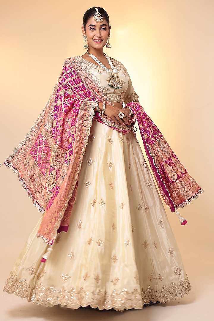 Cream Tissue Pearl Embroidered Wedding Lehenga Set by Zari Jaipur at Pernia's Pop Up Shop