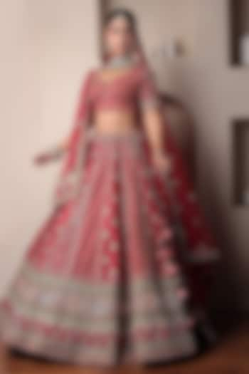 Red Tissue Thread & Zardosi Embroidered Bridal Lehenga Set by Zari Jaipur at Pernia's Pop Up Shop