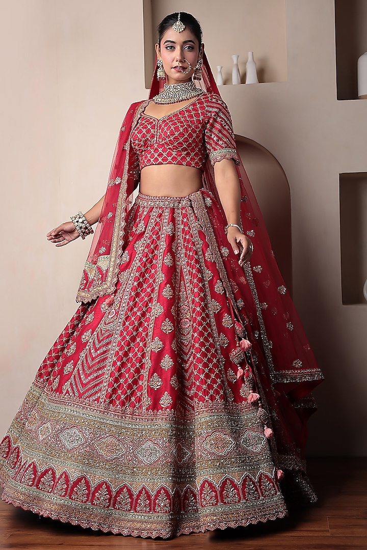 Red Tissue Thread & Zardosi Embroidered Bridal Lehenga Set by Zari Jaipur at Pernia's Pop Up Shop