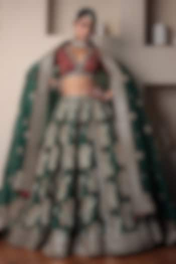 Dark Green Raw Silk Thread Embroidered Bridal Lehenga Set by Zari Jaipur at Pernia's Pop Up Shop