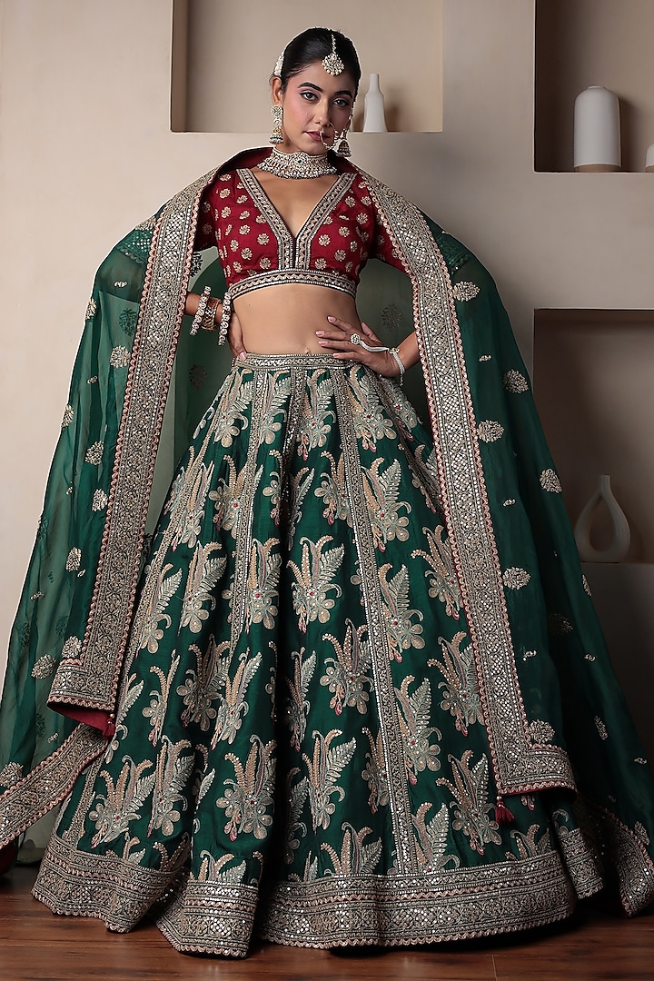 Dark Green Raw Silk Thread Embroidered Bridal Lehenga Set by Zari Jaipur at Pernia's Pop Up Shop