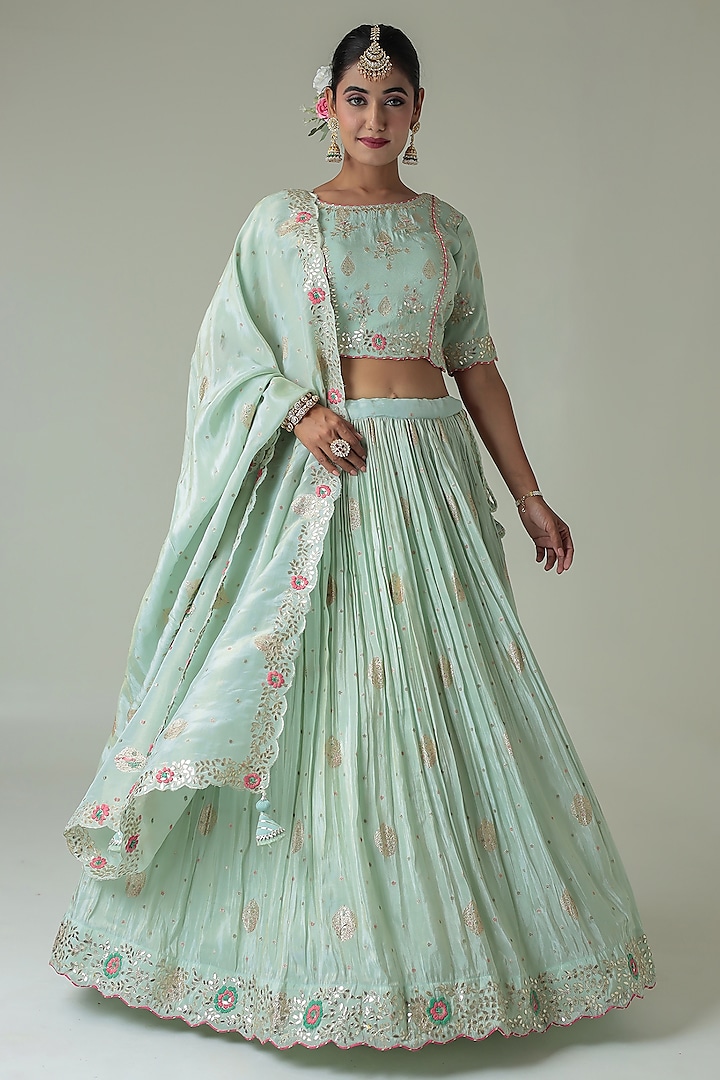 Light Green Banarasi Tissue Embroidered Wedding Lehenga Set by Zari Jaipur at Pernia's Pop Up Shop