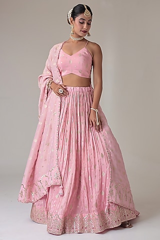Light Pink Banarasi Tissue Embroidered Lehenga Set by Zari Jaipur