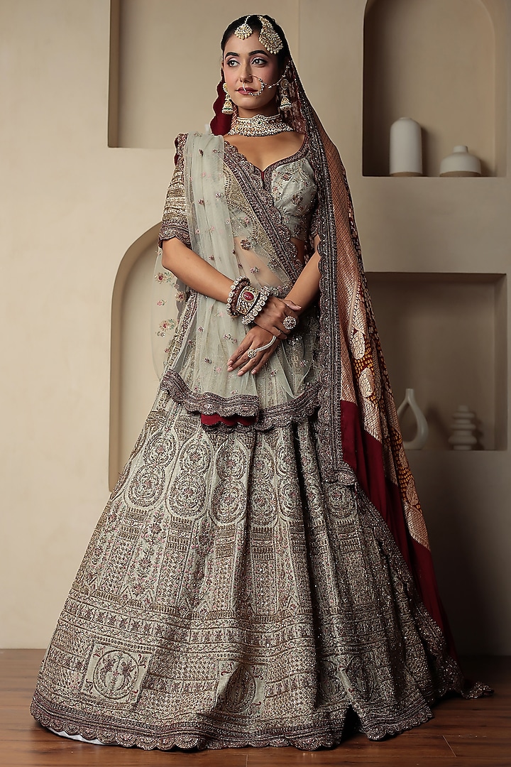 Grey Raw Silk Embroidered Bridal Lehenga Set by Zari Jaipur at Pernia's Pop Up Shop