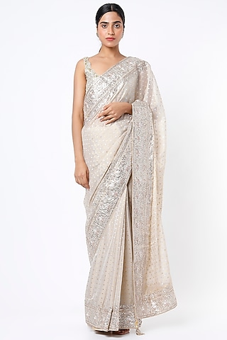 Cream Saree Set With Gota Patti Work by Zari Jaipur