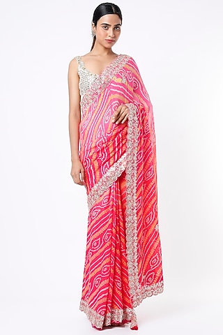 Pink Bandhej Saree Set by Zari Jaipur