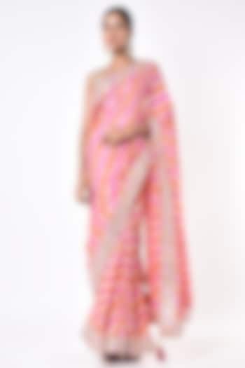Pink & Orange Leheriya Saree Set by Zari Jaipur