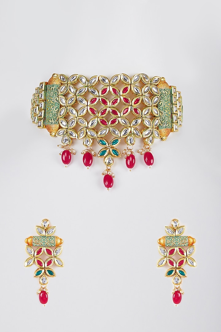 Gold Finish Beaded Choker Necklace Set by Zerokaata Jewellery