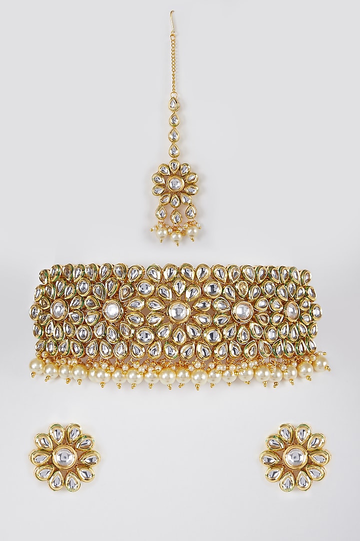 Gold Finish Beads Choker Necklace Set by Zerokaata Jewellery