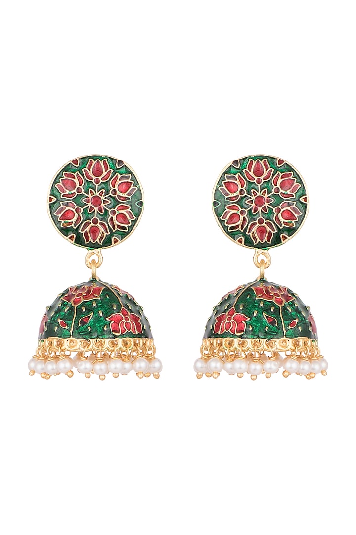 Gold Plated Pink & Green Lotus Meenakari Jhumka Earrings by Zerokaata Jewellery
