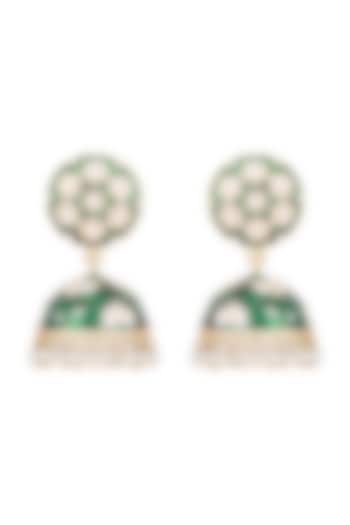 Gold Plated White & Green Lotus Meenakari Jhumka Earrings by Zerokaata Jewellery
