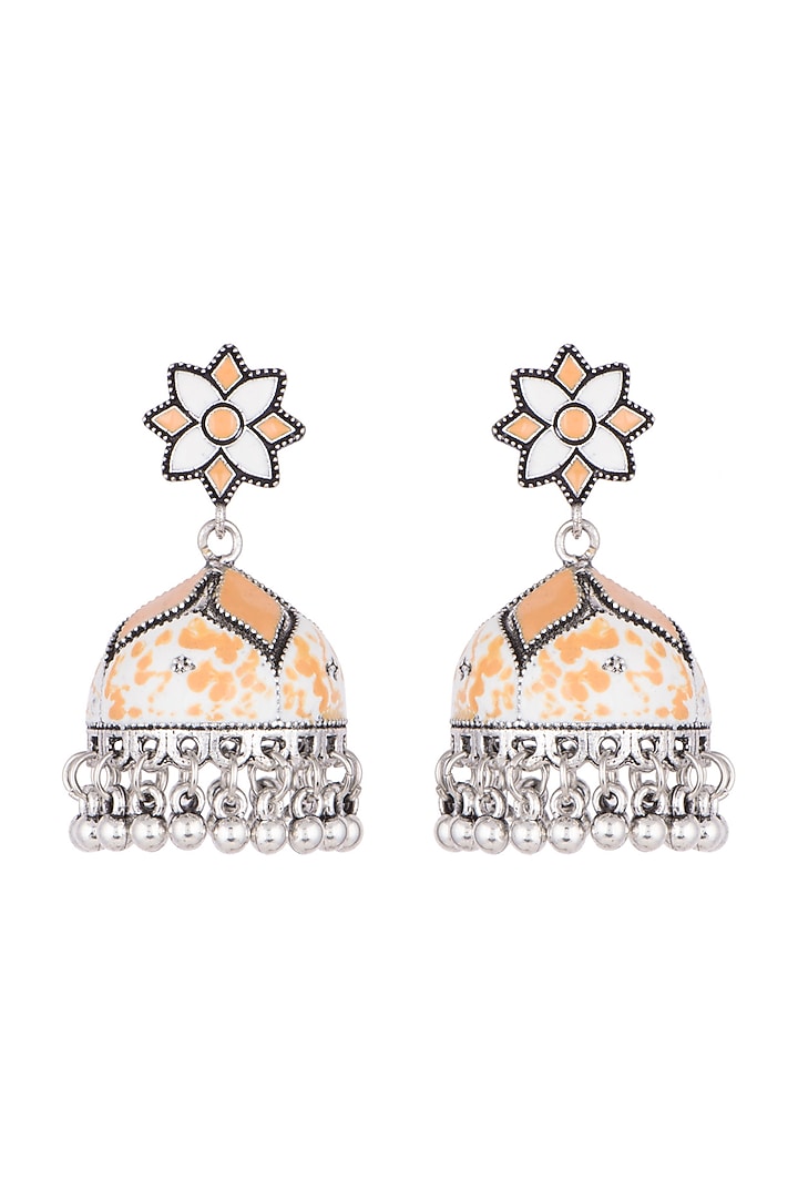 Silver Plated White & Orange Meenakari Jhumka Earrings by Zerokaata Jewellery
