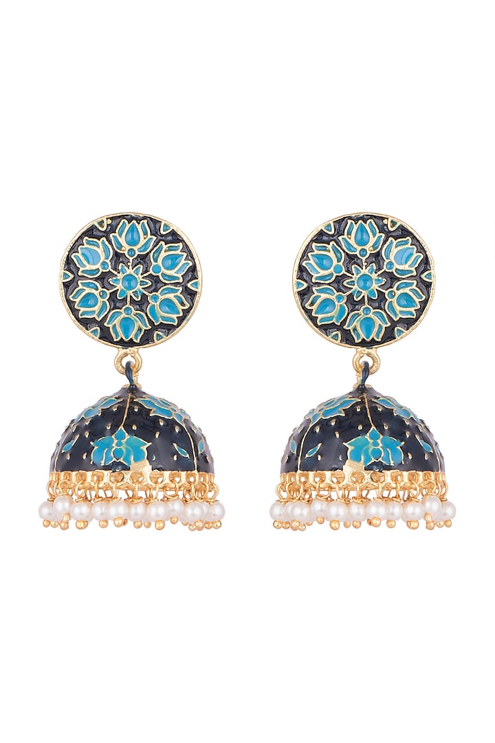 Gold Plated Blue Lotus Meenakari Jhumka Earrings by Zerokaata Jewellery