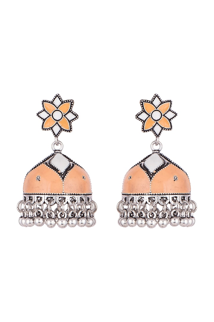 Silver Plated Orange & White Meenakari Jhumka Earrings by Zerokaata Jewellery