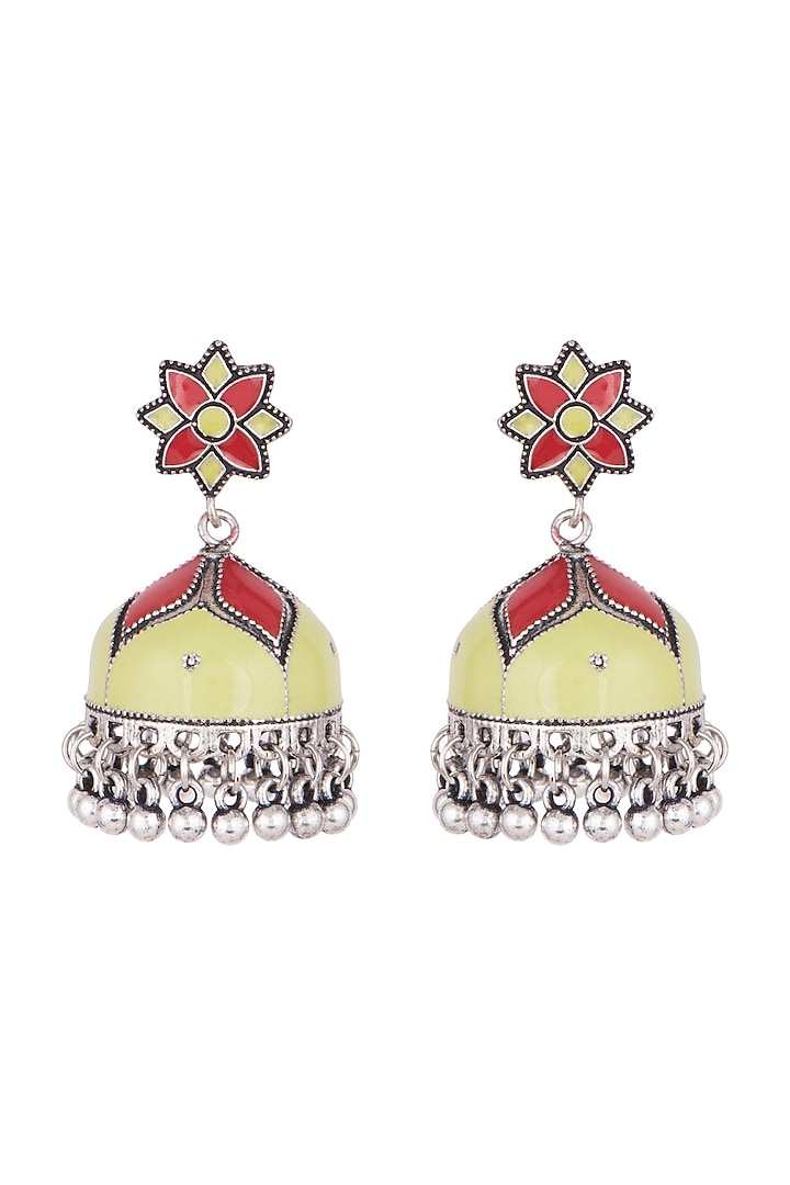 Silver Finish Lime & Red Meenakari Jhumka Earrings by Zerokaata Jewellery