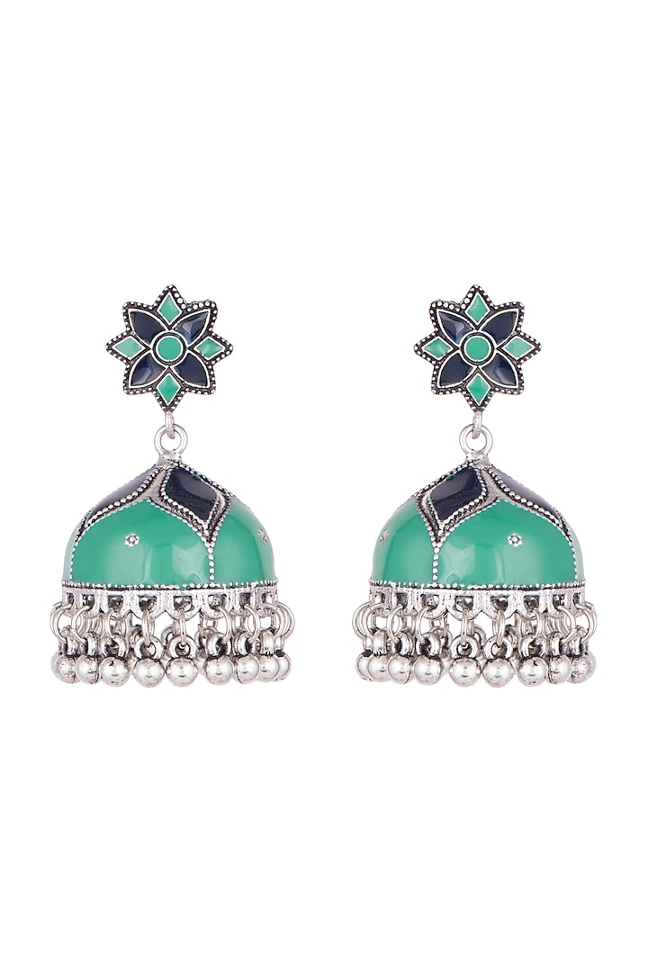 Silver Plated Green & Blue Meenakari Jhumka Earrings by Zerokaata Jewellery