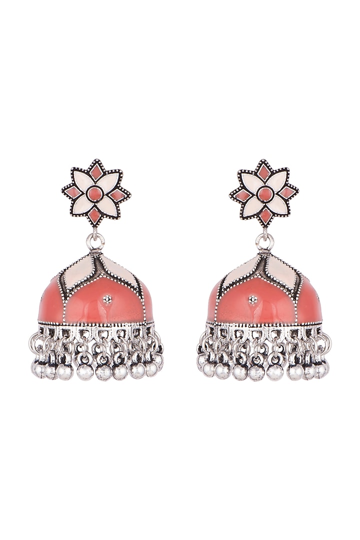 Silver Plated Peach & Red Meenakari Jhumka Earrings by Zerokaata Jewellery