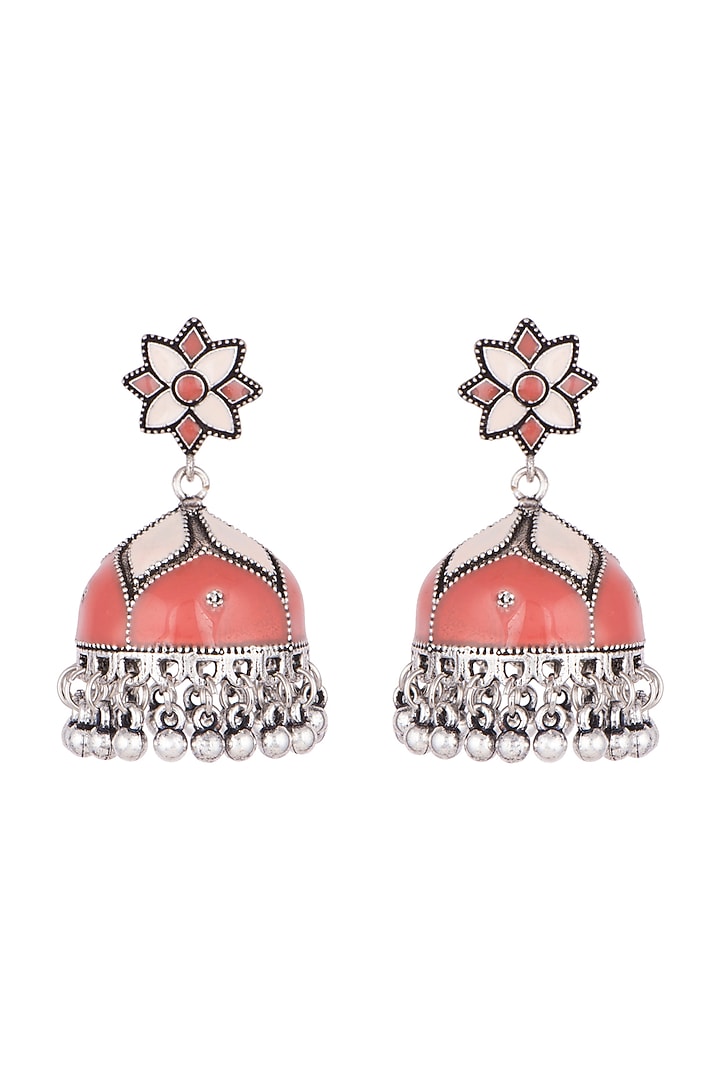 Silver Plated Peach & Red Meenakari Jhumka Earrings by Zerokaata Jewellery at Pernia's Pop Up Shop