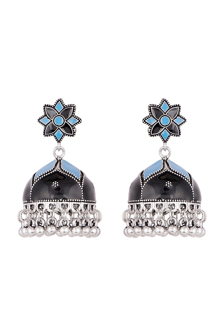 Silver Plated Black & Blue Meenakari Jhumka Earrings by Zerokaata Jewellery