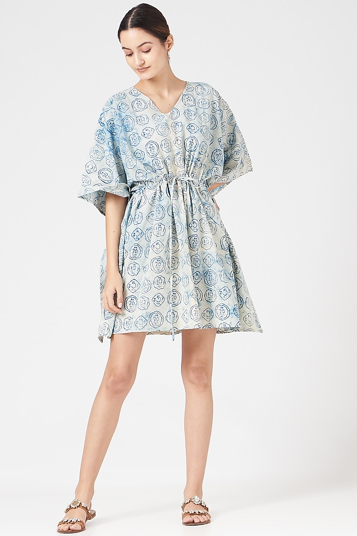 Light Grey & Blue Printed Kaftan by Zerokaata