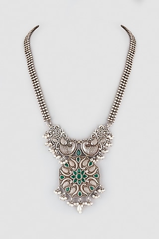 Black Rhodium Finish Peacock Motif Necklace by Zerokaata Jewellery