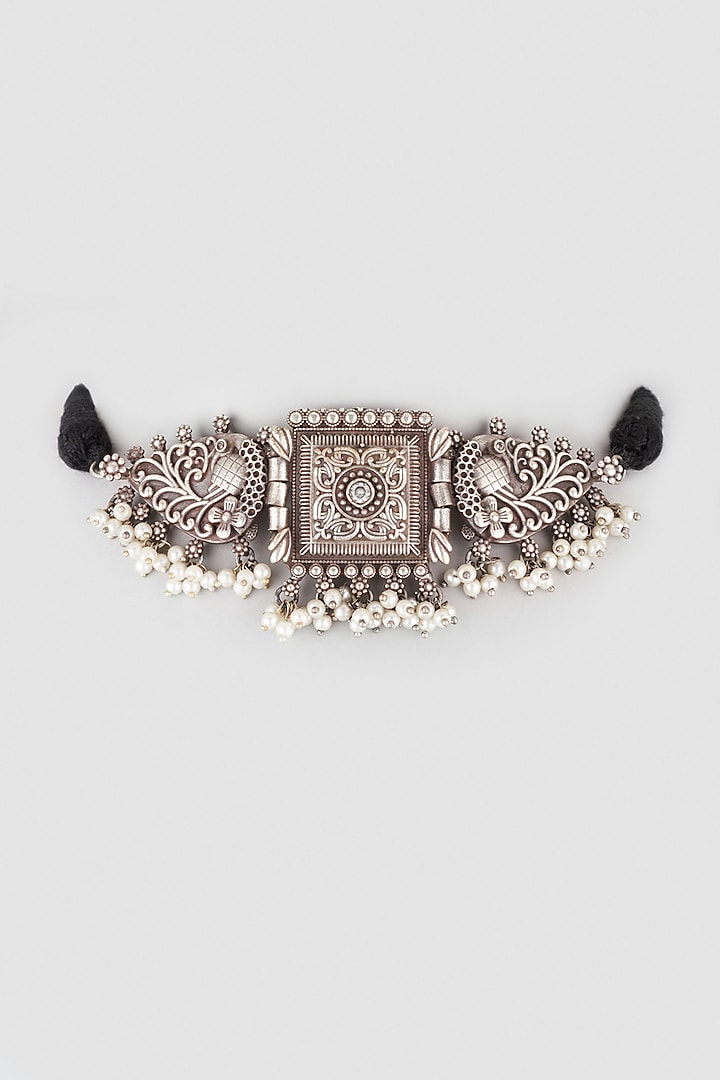 Black Rhodium Finish Floral Motif Choker Necklace by Zerokaata Jewellery