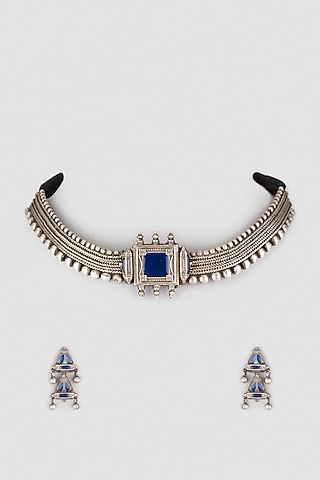 Black Rhodium Finish Blue Gemstone Choker Necklace Set by Zerokaata Jewellery