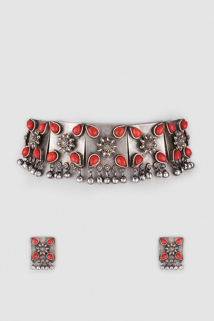 Black Rhodium Finish Red Gemstone Choker Necklace Set by Zerokaata Jewellery