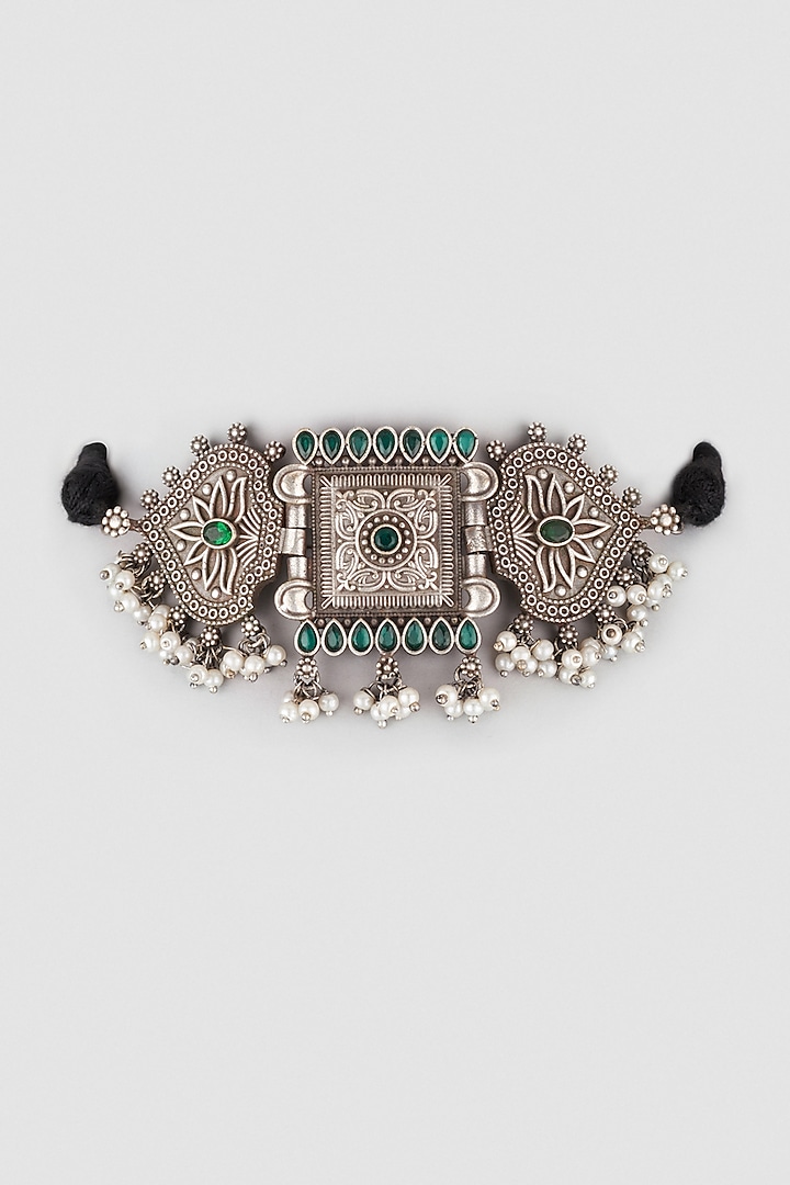 Black Rhodium Finish Green Gemstone Choker Necklace by Zerokaata Jewellery