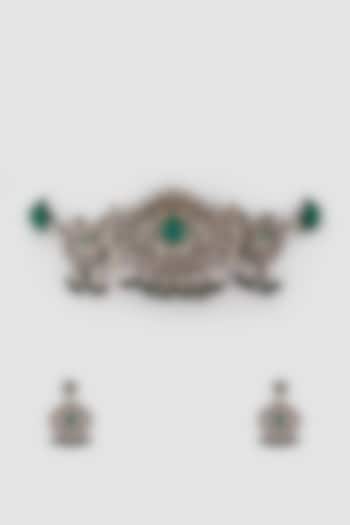 Black Rhodium Finish Green Choker Necklace Set by Zerokaata Jewellery