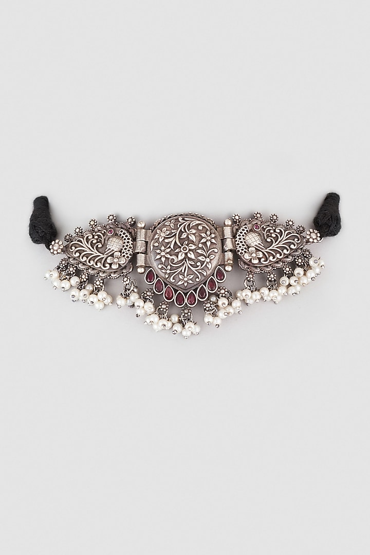 Black Rhodium Finish Peacock Motif Choker Necklace by Zerokaata Jewellery