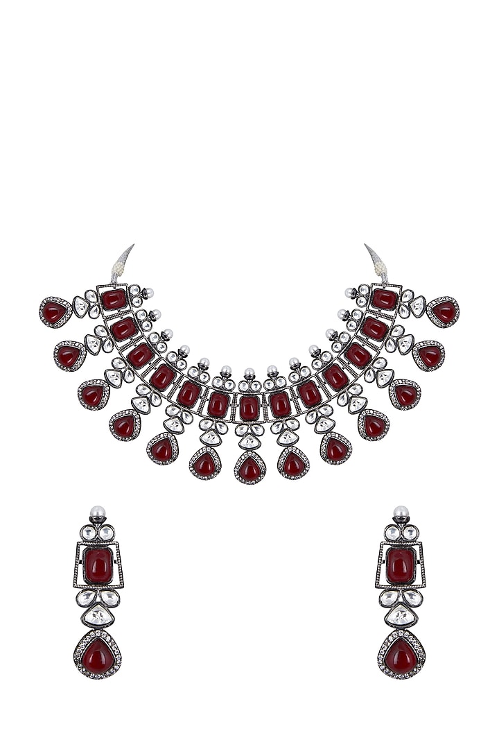 White Finish Maroon Gemstone Necklace Set by Zerokaata Jewellery