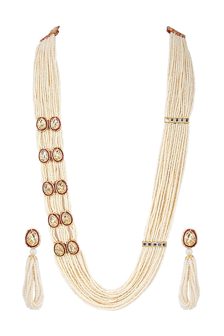 Gold Finish Layered Kundan Necklace Set by Zerokaata Jewellery