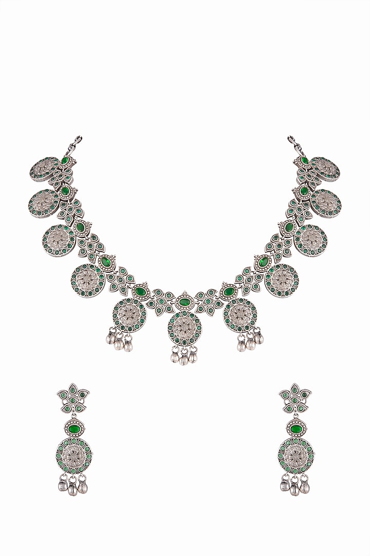 Silver Finish Floral Necklace Set by Zerokaata Jewellery at Pernia's Pop Up Shop