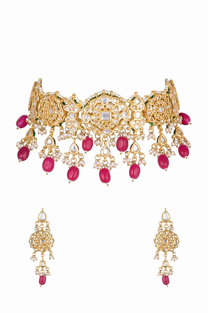 Gold Plated Kundan & Pearl Choker Necklace Set by Zerokaata Jewellery