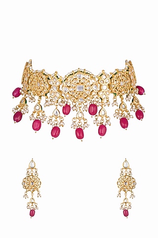 Gold Plated Kundan & Pearl Choker Necklace Set by Zerokaata Jewellery