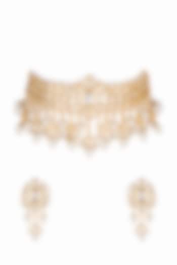 Gold Plated Pearls & Kundan Choker Necklace Set by Zerokaata Jewellery