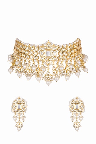 Gold Plated Pearls & Kundan Choker Necklace Set by Zerokaata Jewellery