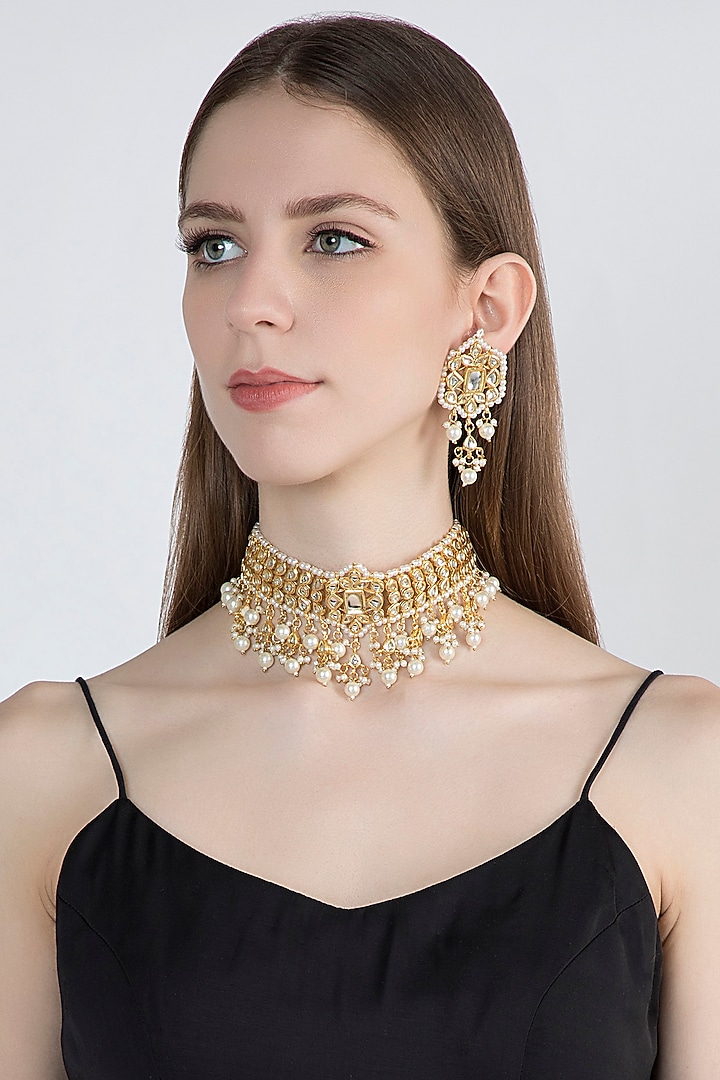 Gold Plated Pearls & Kundan Choker Necklace Set by Zerokaata Jewellery at Pernia's Pop Up Shop