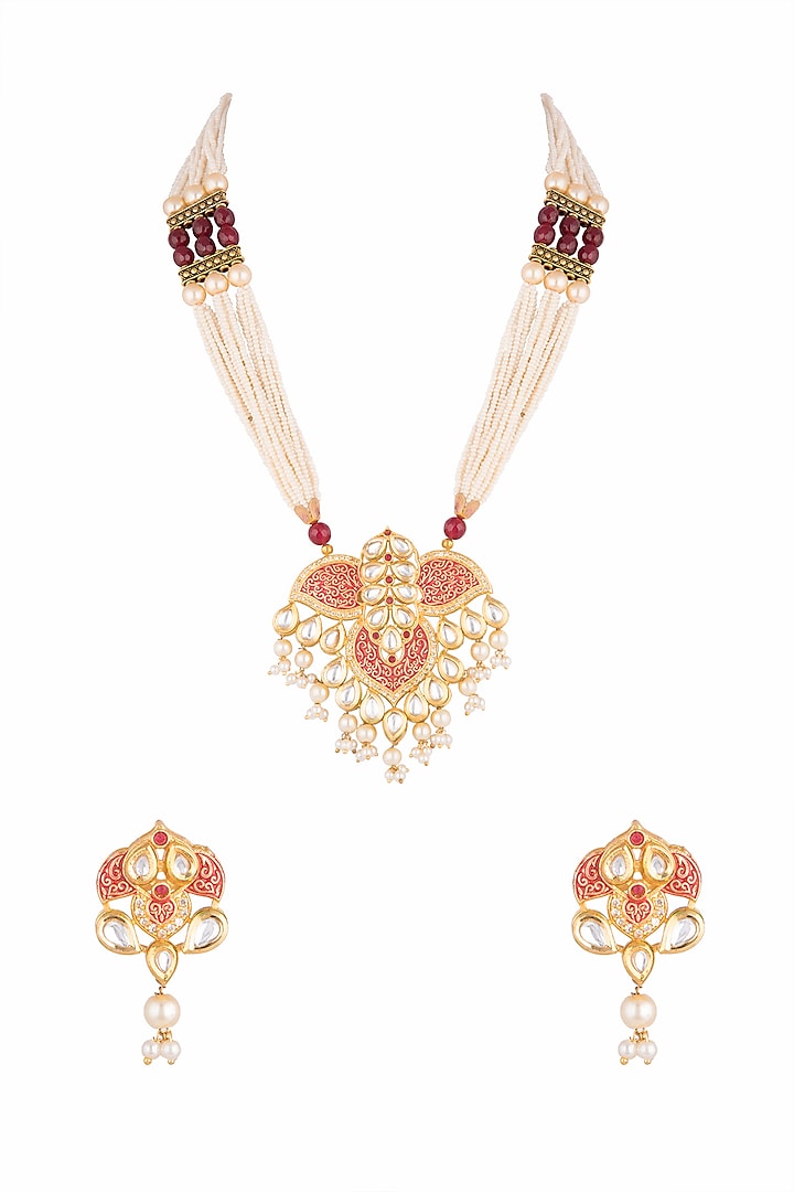 Gold Plated Beads & Pearls Necklace Set by Zerokaata Jewellery