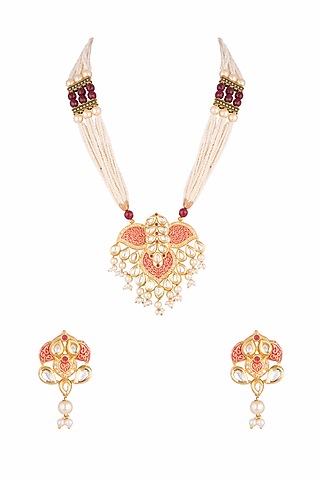 Gold Plated Beads & Pearls Necklace Set by Zerokaata Jewellery