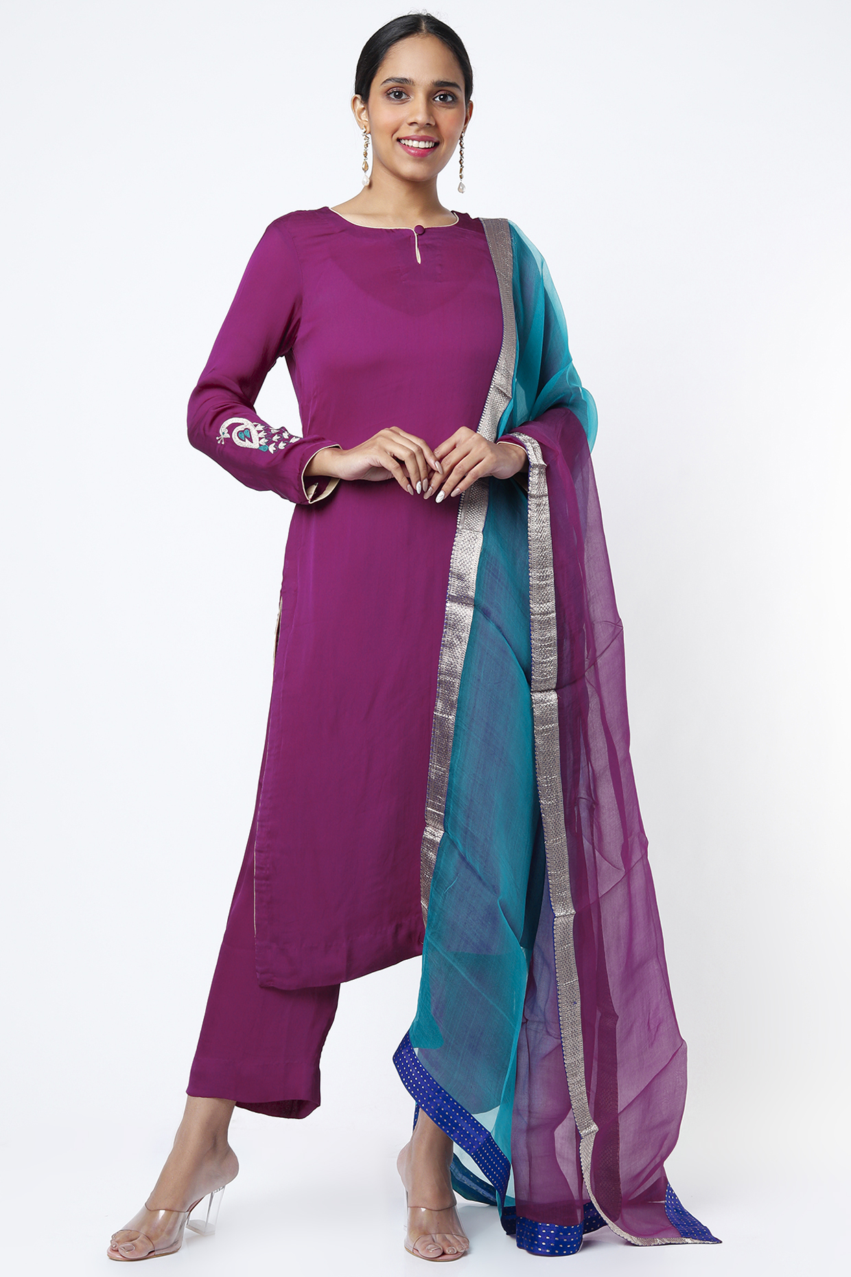 Purple Kurta Set With Aari Work by Zerokaata