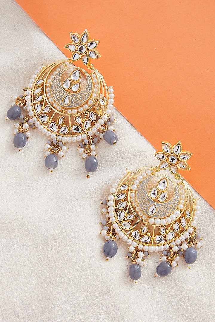 Gold Finish Kundan Chandbali Earrings by Zerokaata Jewellery