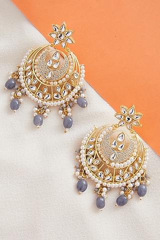 Gold Finish Kundan Chandbali Earrings by Zerokaata Jewellery